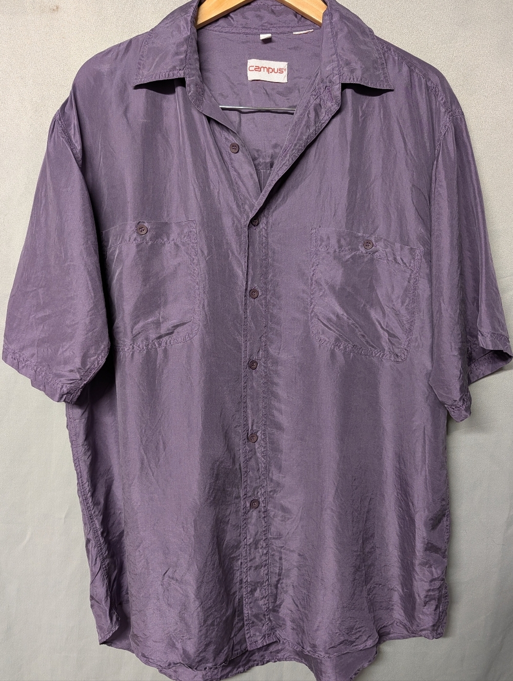 Men’s Vintage Silk Short-Sleeve Button-Up Shirt in Purple Size Medium
